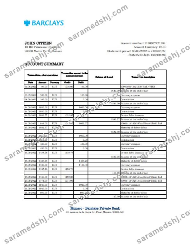 Monaco Barclays Private Bank statement